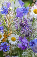 Summer flower bouquet containing daisies, cornflowers and other wild flowers.
