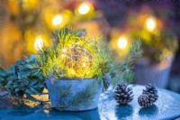 Wicker ball wrapped in lights in a metal pot with Pine sprigs and pinecones on a metal table with a thin layer of ice