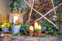 Candles in terracotta pots and one in a metal bucket with moss in front of Birch star, wicker pot containing Juniper, Cornus sticks and Eucalyptus sprigs with a trug of Ivy
