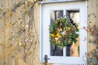 Wreath made up of Beech sprigs, Portuguese laurel sprigs, Teasel heads and Hawthorn twigs hanging on door