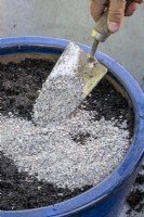 Mulching a container of bulbs with grit