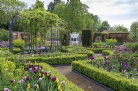 A central arbour, hand forged by George James  and  Sons Blacksmiths, echoes the far belltower. A parterre composed from a formal arrangement of box-edged, linear and curving beds planted with tulips, euphorbia, peonies and honesty.