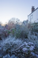 Period house and garden in winter. Part of a sequence comparing the same scene in all 4 seasons. Borders have shrubs and perennials as structure through the winter.