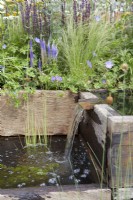 Nurturing Nature in the City. Designers: Caroline and Peter Clayton. Wildlife-friendly sustainable garden space. Reclaimed timber pools with mini water spout. Summer.