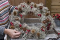 Step-by-Step making a Countryside Wreath from a wire frame wrapped in old man's beard. Step 8: the completed wreath, with the hips, teasels, berries and cones secured onto the metal frame with florists' wire.
