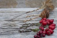 Step 2: wrap florists' wire round the stems of  the rose hips, hawthorn berries and teasels, ready to secure on the frame. The tops of the cedar seed cones are glued onto wooden stems.