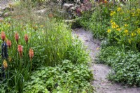 A gravel path leading to a small stone water pool with overflowing softened borders of mixed planting perennials with Kniphofia 'Redhot Popsicle', Fragaria vesca, ornamental grass Melica altissima, mint and Helenium September Gold