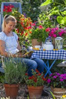 A woman enjoys reading on a patio with many pots planted with Pelargonium, Impatiens, Zinnia, Lavandula and Fuchsia.