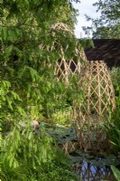 Modern contemporary geodesic laminated lattice-work circular garden structure made from Moso bamboo - Phyllostachys edulis - with a Metasequoia glyptostroboides - dawn Redwood tree beside a pond with aquatic and marginal planting