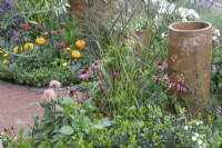 Echinacea and dahlias in 'Nature's Resilience' garden at BBC Gardener's World Live 2021 - June