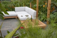 Seating area in 'Staycation Tropical Cornwall' at BBC Gardener's World Live 2021, august 