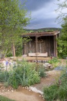 A wildlife garden using reclaimed materials, shelter with living roof and wooden bench behind a pond - gravel path and mixed perennial planting in the borders of Camassia leichtlinii, Papaver dubium - Malvern Spring Festival Wilder Spaces garden for Wildlife Trusts