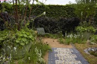 The Traditional Townhouse Garden. Designer: Lucy Taylor. Prunus serrula - Tibetan Cherry - and Athyrium niponicum Metallicum with Alchemilla mollis are potted within the border. Seating and flint and black brick pathway. Mixed beech hedge. Summer.
