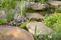 Stepping stones over a pond with marginal planting 