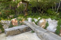 Oak bench - reclaimed concrete raised beds - mixed perennial planting Carex remota, Astrantia, Hosta, Epimedium perralchicum and ferns, Betula pendula tree 
