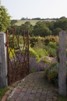 Drought tolerant garden filled with mediterranean plants. Bespoke Steel Gate allowed to rust, depicting corn and the fields, framing the view of the fields to Pett Church and entrance to The Jewel Garden -  Curved brick pathway. Nepeta 'Six Hills Giant' - Catmint,   Santolina chamaecyparissus ' Yellow Buttons', Euphorbia seguieriana subsp. niciciana , grasses including Calamagrostis brachytricha and Stipa gigantea, Geraniums, Buxus sempervirens balls - Box.
Gate Made by Jake Bowers The Thirsty Bear Forge Hastings