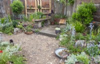 A garden made from old reclaimed salvaged building materials and timber for fencing - drought tolerant planting - Punk Rockery Garden 