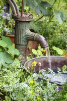 Water feature - an old rusty water pump with spout into an old tin bath container
