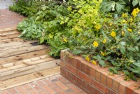 A red brick raised bed with Hypericum patulum -
goldencup St John's wort, red brick paving and reclaimed timber path mixed perennial planting 