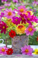 Sumer flower bouquet in tin can vase containing Cosmos, Dahlia and Fennel.