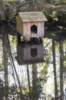 Duck house reflected in the pool.