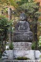 Statue of Buddha in Landscaped garden area. 