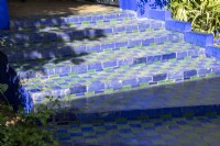 Jardin Majorelle, Yves Saint Laurent garden, green and blue tiled steps 