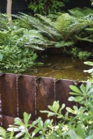 Corten steel water feature with moisture loving planting
