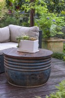 Round metal table with timber top and a white cermic pot with succulents.
