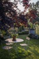 Elegant metal garden furniture, in shaded area beneath trees, in summer garden