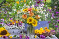 Yellow-orange-white summer flower bouquet in a glass vase containing sunflowers, dahlia and chamomille. Colander and tray with harvested edible flowers including pot marigold, fennel, coneflowers, nasturtium, bergamot and yarrow.
