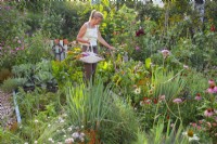 A healthy organic kitchen garden with plenty of flowers including Echinacea purpurea, Tagetes tenuifolia, Verbena bonariensis, Calendula officinalis, Dahlia and Alium schoenoprasum to attract beneficial wildlife. Woman with a basket of freshly harvested produce.