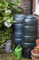 Water butts connected to the drainpipe to collect the rain water for watering the garden.