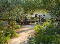 Curved path leading to dining area. The Nurture Landscapes Garden, Designer: Sarah Price, Gold medal winner Chelsea Flower Show 2023