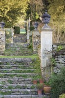 Steps leading up the terraced hillside at Iford Manor in January