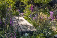 A wooden boardwalk goes through dense plantings of flowering perennials with Digitalis purpurea, Lychnis flos-cuculi 'Petite Jenny' and ornamental leaves. Designer: Robert Moore