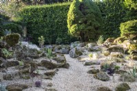 Boulders set into gravel with drought tolerant planting in the Rock Garden at The Manor, Little Compton.