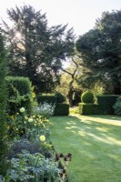 A view from The Palette borders across lawn towards a clipped yew hedge.