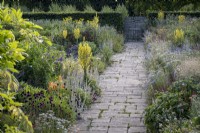 Paved path leads through a deep summery border with Achillea millefolium, Allium sphaerocephalon, Kniphofia and Verbascum olympicum