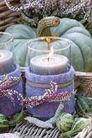 Lantern decorated with felt and heather, Calluna vulgaris Madonna, Calluna vulgaris Pink Madonna, Calluna vulgaris Gina 