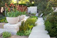 Mediterranean garden with iris 'Action Front' in pots 