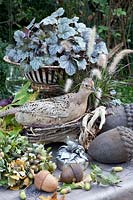 Autumnally decorated table with pheasant, heuchera and pennisetum 