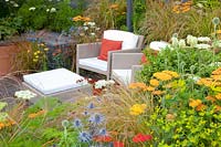 Seating area with perennials, Achillea Terracotta, Anemanthele lessoniana, Allium caeruleum Azureum, Euphorbia walichii, Eryngium Saphire Blue, Trifolium ochroleucum 