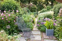 Path in the rose garden, Rosa Mary Rose, Rosa MayflowerAlchemilla mollis,Geranium pratense Album, Allium christophii 