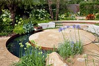 Gravel garden with water basin, Hosta sieboldiana Elegans, Hakonechloa macra, Agapanthus Hydrangea arborescens Annabelle 