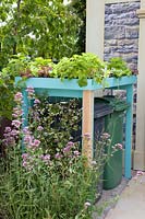 Garbage can cladding covered with lettuce and strawberries, Lactuca sativa, Fragaria 