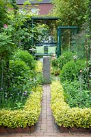 Small cottage garden with creeping spindle as bed edging, Euonymus fortunei 