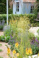Small gravel garden, Achillea Terracotta, Perovskia Lacey Blue, Deschampsia cespitosa Goldtau, Verbascum Clementine 