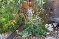 Gravel garden, Eryngium zabelii Big Blue, Achillea Terracotta, Cirsium rivulare Trevor's Blue Wonder 
