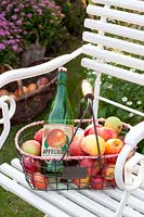 Autumn decoration with apples and old apple juice bottle 